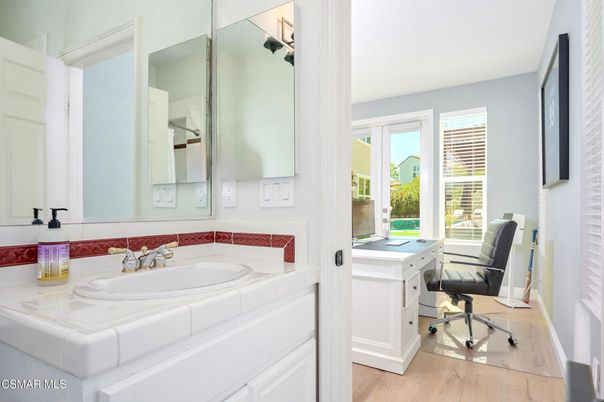 Bathroom, Interior, Tile Countertops, Wood Texture Flooring
