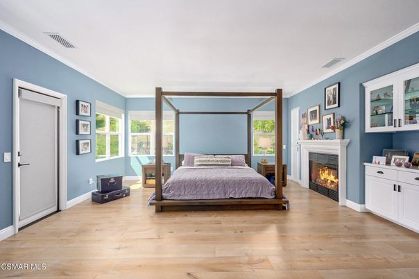 Bedroom, Fireplace, Interior, Wood Texture Flooring