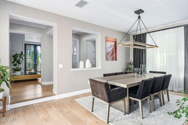 Dining room, Interior, Pendant Lights, Wood Texture Flooring