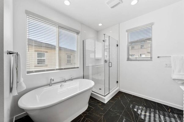 Bathroom, Free Standing Baths, Glass Shower, Interior, Marble, Recessed Lighting