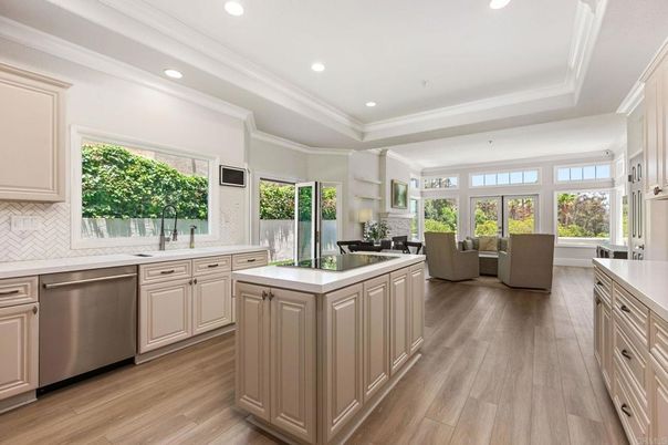 Dining room, Interior, Kitchen, Living room, Recessed Lighting, Stainless Steel Appliances, Wood Texture Flooring