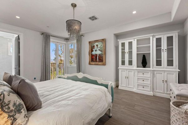 Bedroom, Chandelier, Interior, Recessed Lighting, Wood Texture Flooring