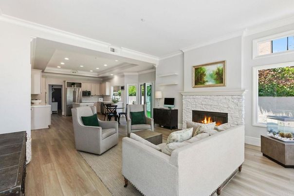 Dining room, Fireplace, Interior, Kitchen, Living room, Recessed Lighting, Wood Texture Flooring