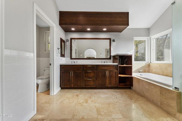 Bathroom, Dual Sink Vanities, Interior, Recessed Lighting, Wooden Beams