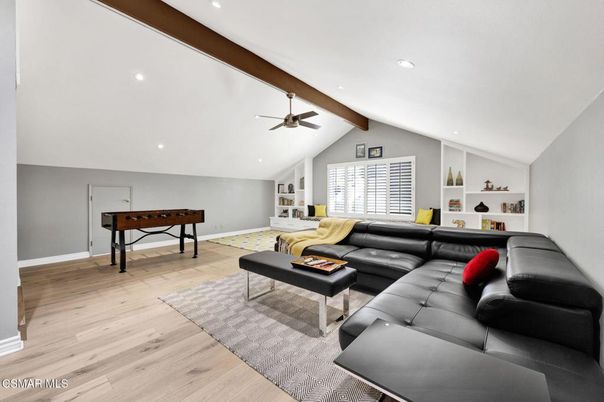 Game Room, Interior, Living room, Recessed Lighting, Wooden Beams, Wood Texture Flooring