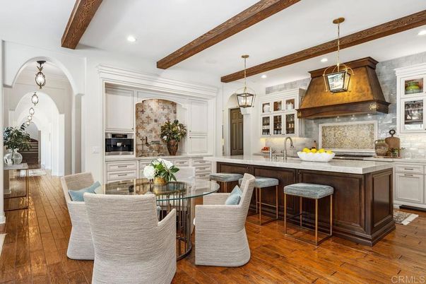 Interior, Kitchen, Pendant Lights, Recessed Lighting, Stainless Steel Appliances, Wooden Beams, Wood Texture Flooring