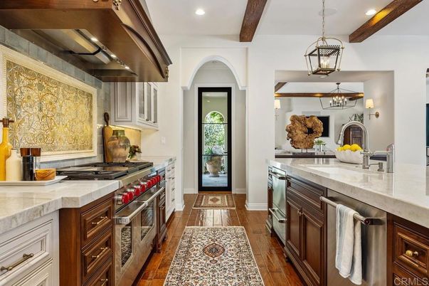 Interior, Kitchen, Pendant Lights, Recessed Lighting, Stainless Steel Appliances, Wooden Beams, Wood Texture Flooring