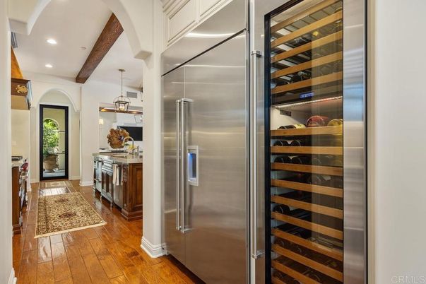 Interior, Kitchen, Pendant Lights, Recessed Lighting, Stainless Steel Appliances, Wooden Beams, Wood Texture Flooring