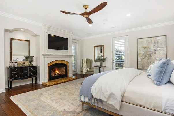 Bedroom, Fireplace, Interior, Recessed Lighting, Wood Texture Flooring
