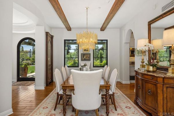 Chandelier, Dining room, Interior, Wooden Beams, Wood Texture Flooring