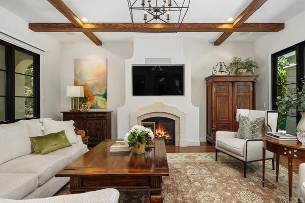 Fireplace, Home Office, Interior, Living room, Pendant Lights, Recessed Lighting, Wooden Beams, Wood Texture Flooring
