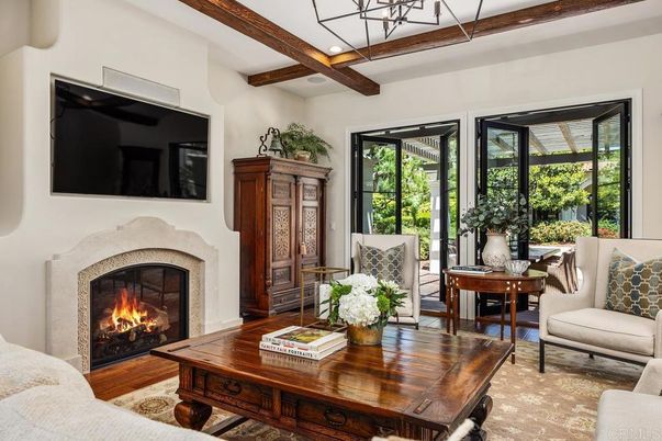 Fireplace, Interior, Living room, Recessed Lighting, Wooden Beams, Wood Texture Flooring