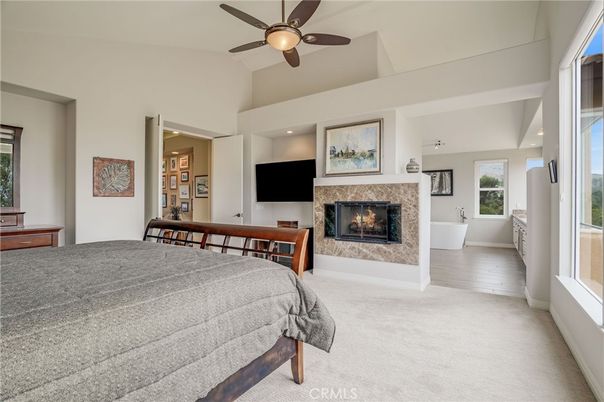 Bedroom, Fireplace, Interior, Recessed Lighting, Wood Texture Flooring