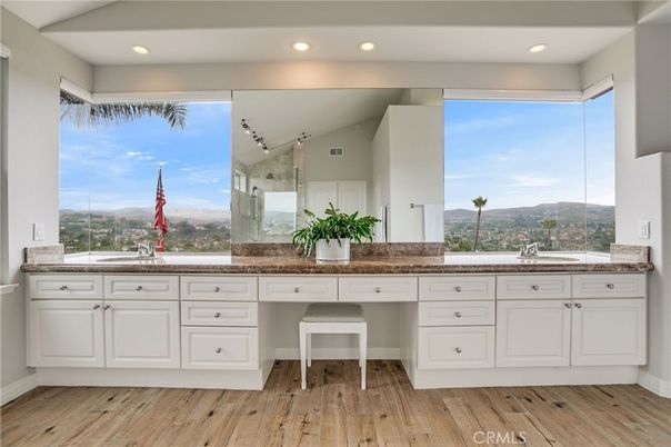 Bathroom, Dual Sink Vanities, Interior, Recessed Lighting, Wood Texture Flooring