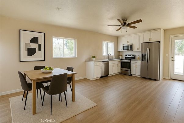 Dining room, Interior, Kitchen, Stainless Steel Appliances, Wood Texture Flooring