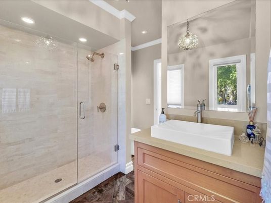 Bathroom, Glass Shower, Interior, Pendant Lights, Recessed Lighting, Wood Texture Flooring