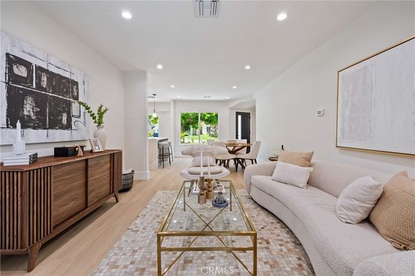 Dining room, Interior, Living room, Pendant Lights, Recessed Lighting, Wood Texture Flooring