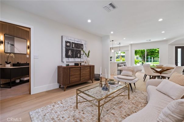 Dining room, Interior, Living room, Pendant Lights, Recessed Lighting, Wood Texture Flooring
