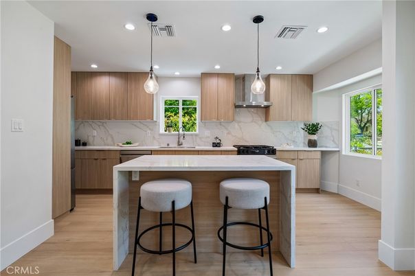 Interior, Kitchen, Marble Walls, Pendant Lights, Recessed Lighting, Wood Texture Flooring