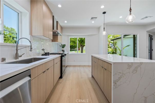Interior, Kitchen, Pendant Lights, Recessed Lighting, Stainless Steel Appliances, Wood Texture Flooring