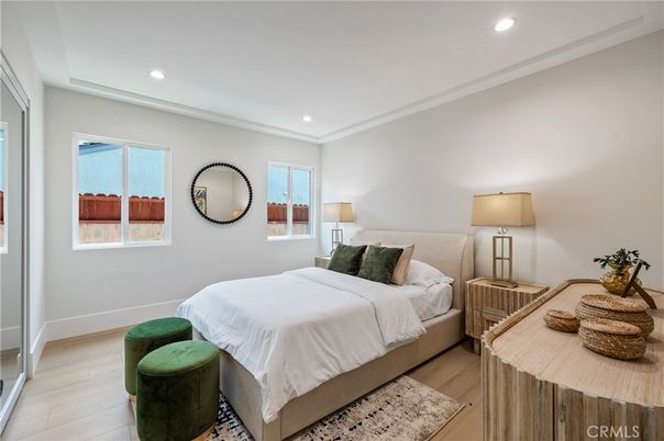 Bedroom, Interior, Recessed Lighting, Wood Texture Flooring