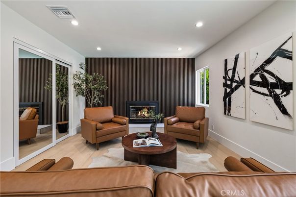 Fireplace, Interior, Living room, Recessed Lighting, Wood Texture Flooring