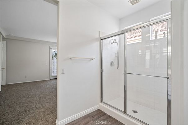 Bathroom, Glass Shower, Interior, Wood Texture Flooring