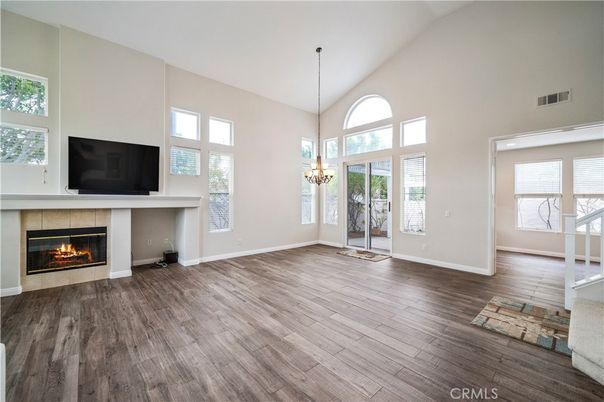 Chandelier, Empty room, Fireplace, Interior, Pendant Lights, Wood Texture Flooring