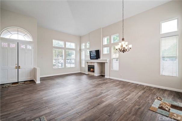 Chandelier, Empty room, Fireplace, Interior, Wood Texture Flooring