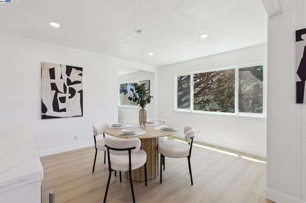 Dining room, Interior, Recessed Lighting, Wood Texture Flooring