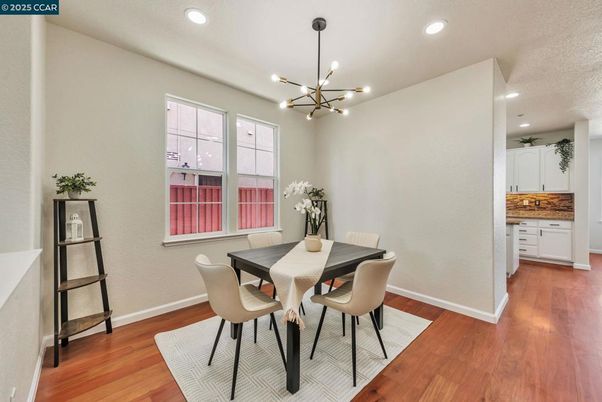 Dining room, Interior, Pendant Lights, Recessed Lighting, Wood Texture Flooring