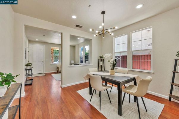 Dining room, Interior, Pendant Lights, Recessed Lighting, Wood Texture Flooring