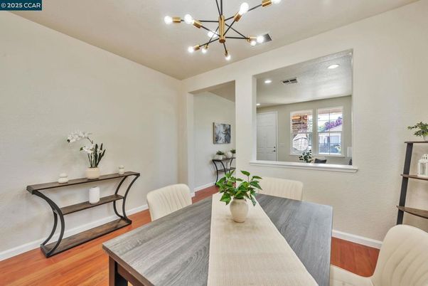 Dining room, Interior, Pendant Lights, Recessed Lighting, Wood Texture Flooring