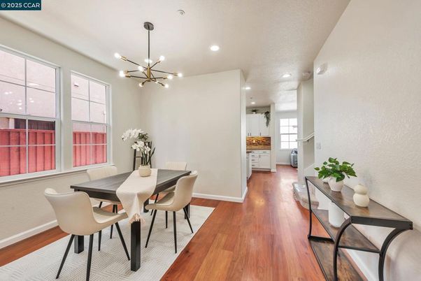 Dining room, Interior, Pendant Lights, Recessed Lighting, Wood Texture Flooring