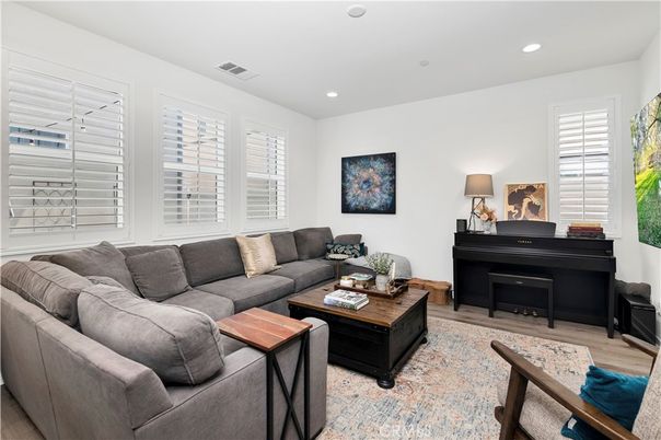 Interior, Living room, Piano, Recessed Lighting, Wood Texture Flooring