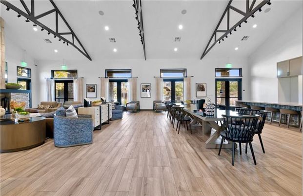 Dining room, Fireplace, Interior, Living room, Pendant Lights, Recessed Lighting, Wood Texture Flooring