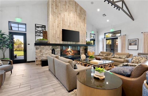 Fireplace, Interior, Living room, Recessed Lighting, Wood Texture Flooring