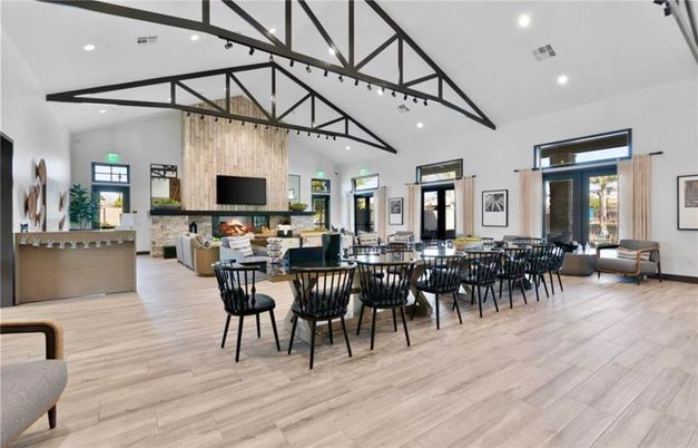 Dining room, Fireplace, Interior, Living room, Pendant Lights, Recessed Lighting, Wood Texture Flooring