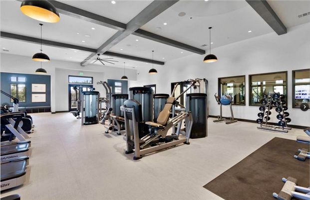 Fitness Equipment, Gym, Interior, Pendant Lights, Recessed Lighting, Wooden Beams