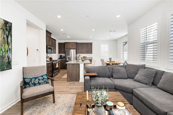 Dining room, Interior, Kitchen, Living room, Recessed Lighting, Stainless Steel Appliances, Wood Texture Flooring