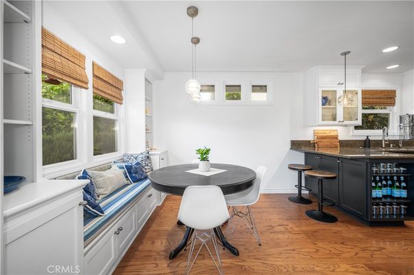 Dining room, Interior, Pendant Lights, Recessed Lighting, Wood Texture Flooring