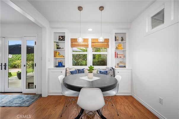 Dining room, Interior, Pendant Lights, Recessed Lighting, Wood Texture Flooring