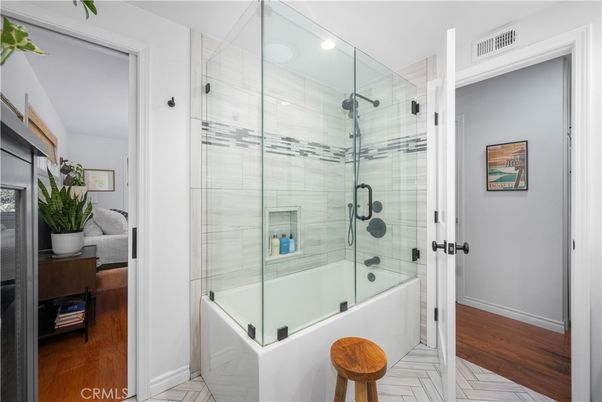 Bathroom, Glass Shower, Interior, Marble, Recessed Lighting, Wood Texture Flooring