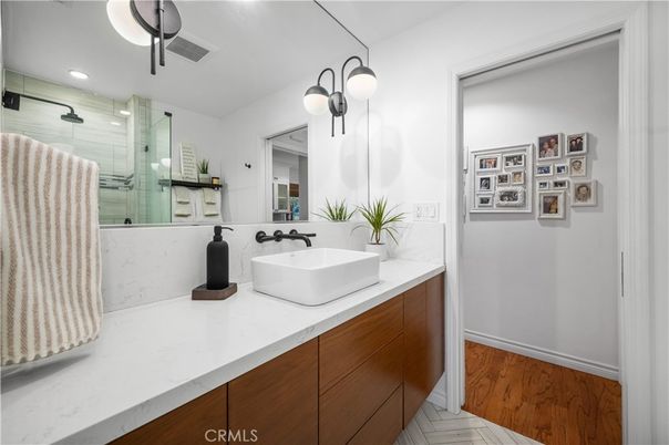 Bathroom, Glass Shower, Interior, Recessed Lighting, Wood Texture Flooring