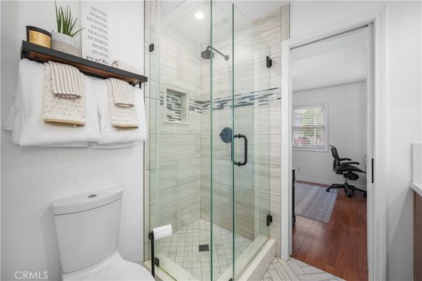 Bathroom, Glass Shower, Interior, Recessed Lighting, Wood Texture Flooring