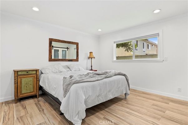 Bedroom, Interior, Recessed Lighting, Wood Texture Flooring