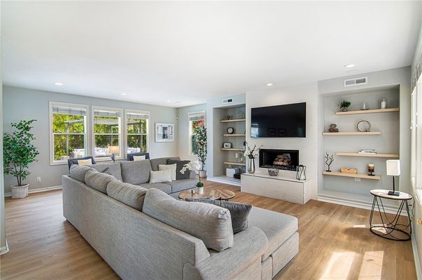 Fireplace, Interior, Living room, Recessed Lighting, Wood Texture Flooring