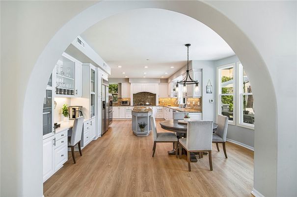 Dining room, Interior, Kitchen, Pendant Lights, Recessed Lighting, Wood Texture Flooring