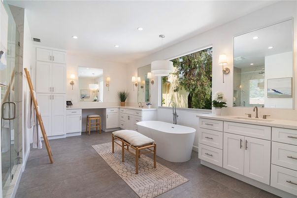 Bathroom, Dual Sink Vanities, Free Standing Baths, Interior, Pendant Lights, Recessed Lighting