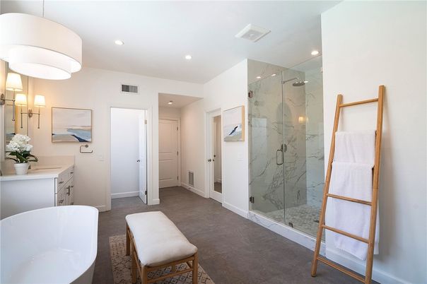 Bathroom, Free Standing Baths, Glass Shower, Interior, Marble Walls, Recessed Lighting